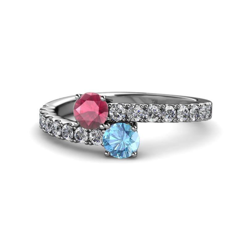 Delise 5.00mm Round Rhodolite Garnet and Blue Topaz with Side Diamonds Bypass Ring 