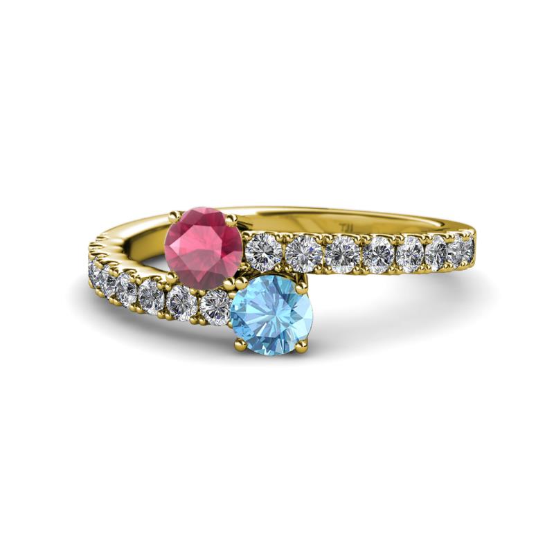 Delise 5.00mm Round Rhodolite Garnet and Blue Topaz with Side Diamonds Bypass Ring 