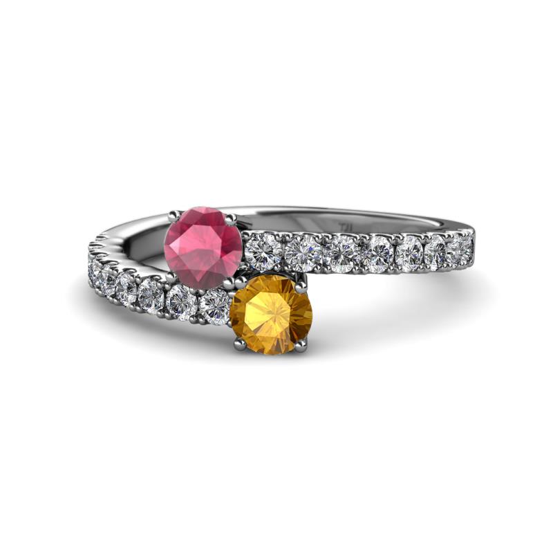 Delise 5.00mm Round Rhodolite Garnet and Citrine with Side Diamonds Bypass Ring 
