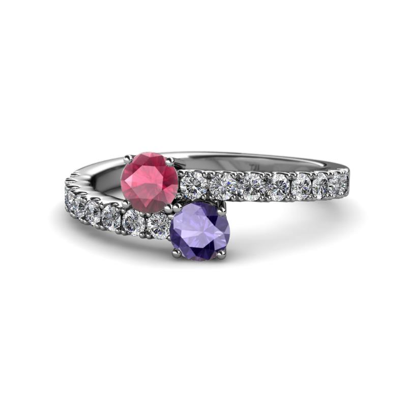 Delise 5.00mm Round Rhodolite Garnet and Iolite with Side Diamonds Bypass Ring 