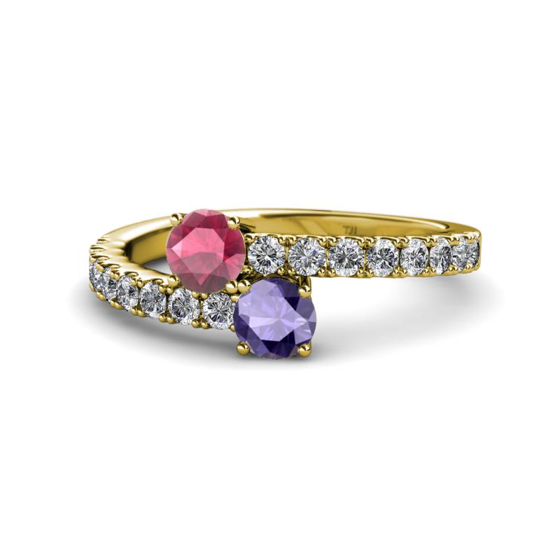 Delise 5.00mm Round Rhodolite Garnet and Iolite with Side Diamonds Bypass Ring 