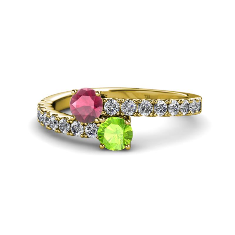 Delise 5.00mm Round Rhodolite Garnet and Peridot with Side Diamonds Bypass Ring 