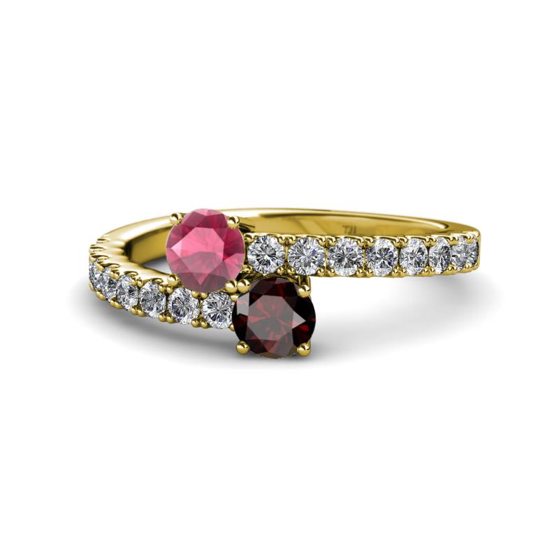 Delise 5.00mm Round Rhodolite and Red Garnet with Side Diamonds Bypass Ring 