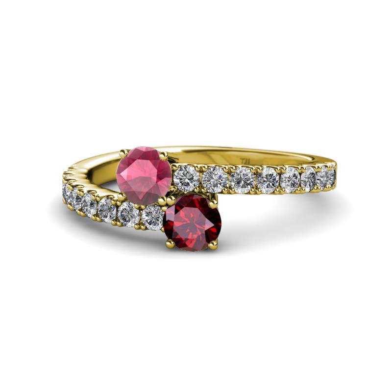 Delise 5.00mm Round Rhodolite Garnet and Ruby with Side Diamonds Bypass Ring 