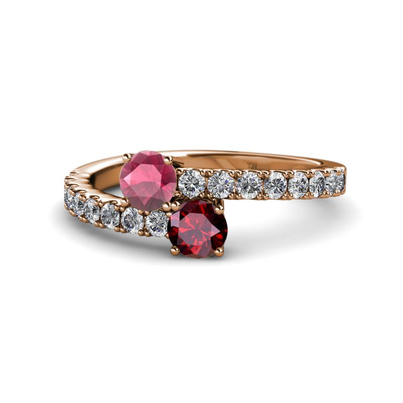 Delise 5.00mm Round Rhodolite Garnet and Ruby with Side Diamonds Bypass Ring 