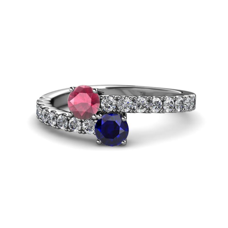 Delise 5.00mm Round Rhodolite Garnet and Blue Sapphire with Side Diamonds Bypass Ring 