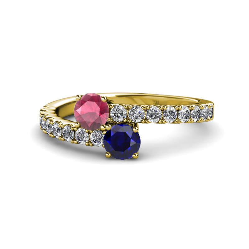 Delise 5.00mm Round Rhodolite Garnet and Blue Sapphire with Side Diamonds Bypass Ring 