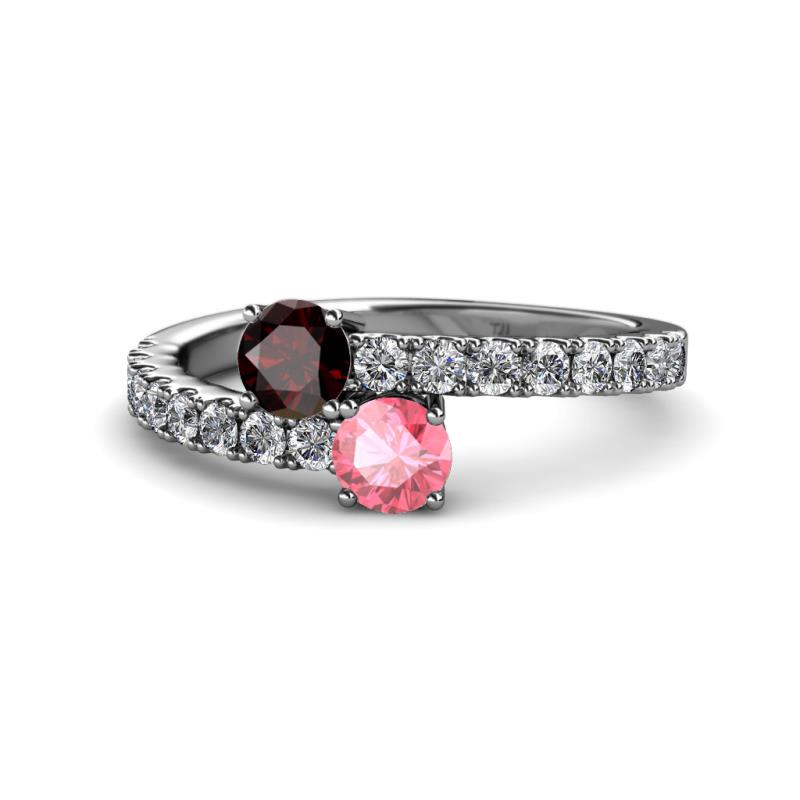 Delise 5.00mm Round Red Garnet and Pink Tourmaline with Side Diamonds Bypass Ring 