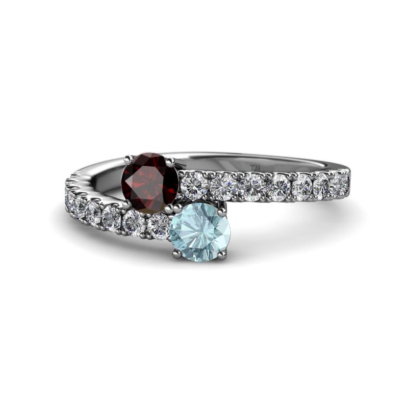 Delise 5.00mm Round Red Garnet and Aquamarine with Side Diamonds Bypass Ring 