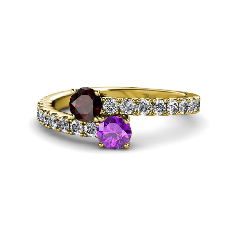 Delise 5.00mm Round Red Garnet and Amethyst with Side Diamonds Bypass Ring 