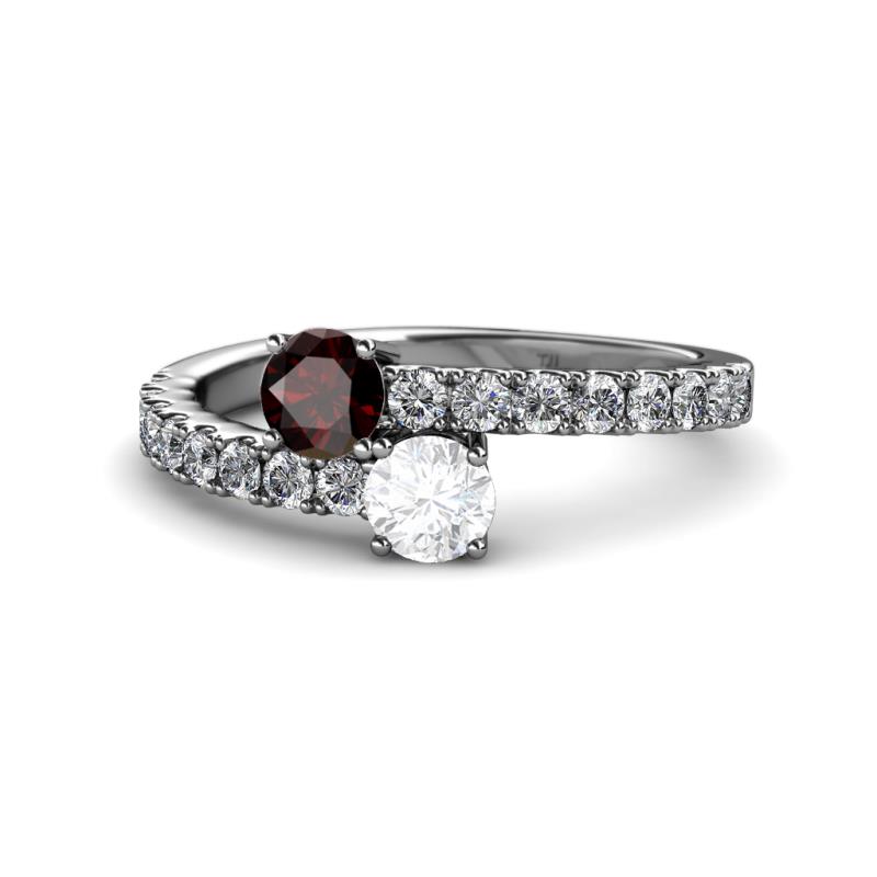 Delise 5.00mm Round Red Garnet and White Sapphire with Side Diamonds Bypass Ring 