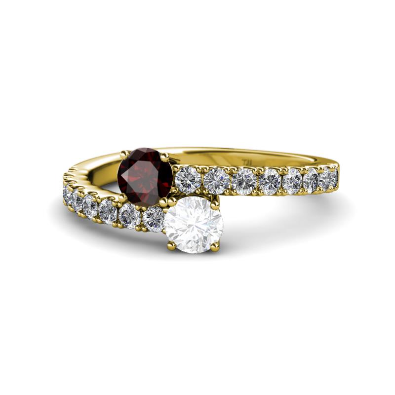 Delise 5.00mm Round Red Garnet and White Sapphire with Side Diamonds Bypass Ring 