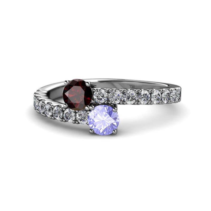 Delise 5.00mm Round Red Garnet and Tanzanite with Side Diamonds Bypass Ring 