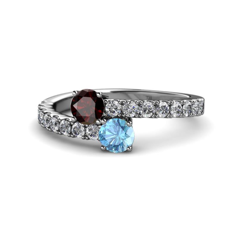 Delise 5.00mm Round Red Garnet and Blue Topaz with Side Diamonds Bypass Ring 