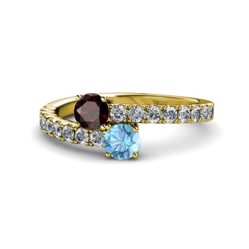 Delise 5.00mm Round Red Garnet and Blue Topaz with Side Diamonds Bypass Ring 