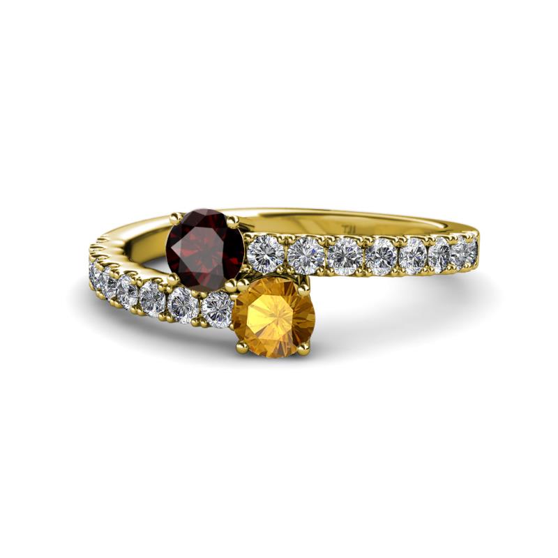 Delise 5.00mm Round Red Garnet and Citrine with Side Diamonds Bypass Ring 