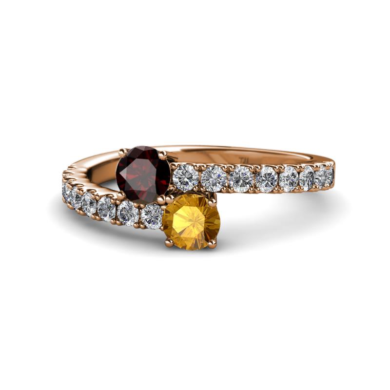 Delise 5.00mm Round Red Garnet and Citrine with Side Diamonds Bypass Ring 