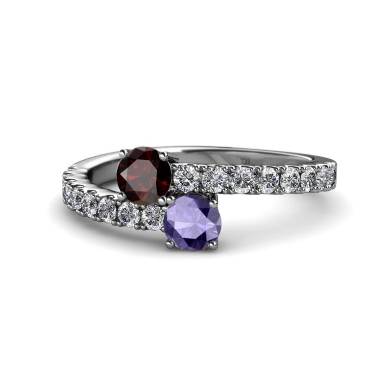 Delise 5.00mm Round Red Garnet and Iolite with Side Diamonds Bypass Ring 