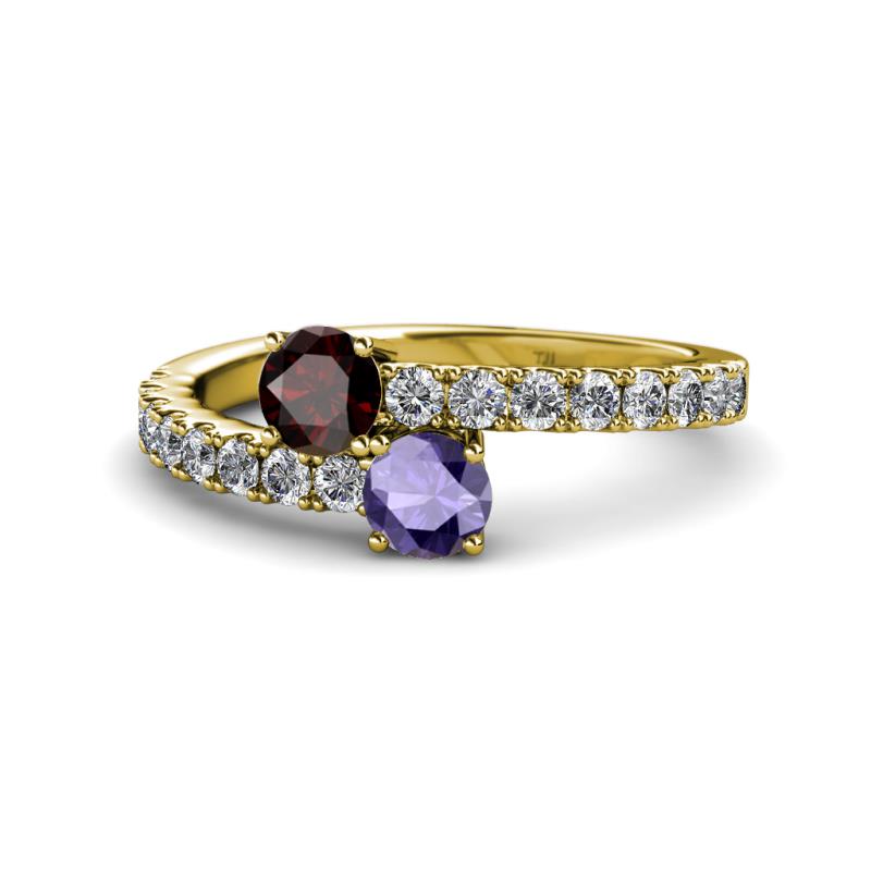Delise 5.00mm Round Red Garnet and Iolite with Side Diamonds Bypass Ring 