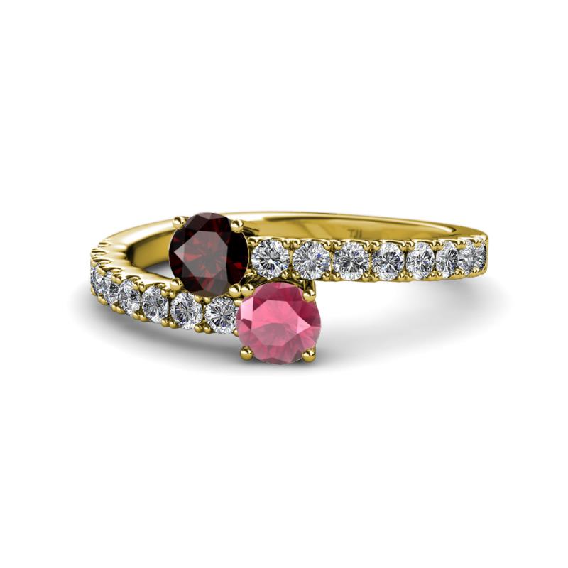 Delise 5.00mm Round Red and Rhodolite Garnet with Side Diamonds Bypass Ring 