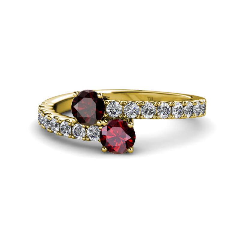 Delise 5.00mm Round Red Garnet and Ruby with Side Diamonds Bypass Ring 
