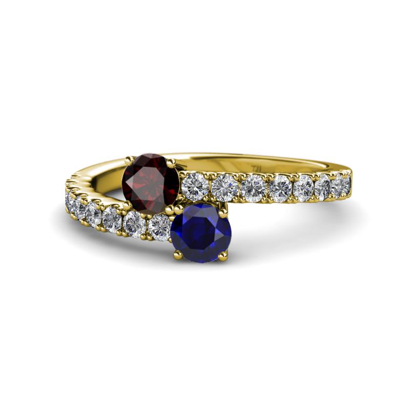 Delise 5.00mm Round Red Garnet and Blue Sapphire with Side Diamonds Bypass Ring 