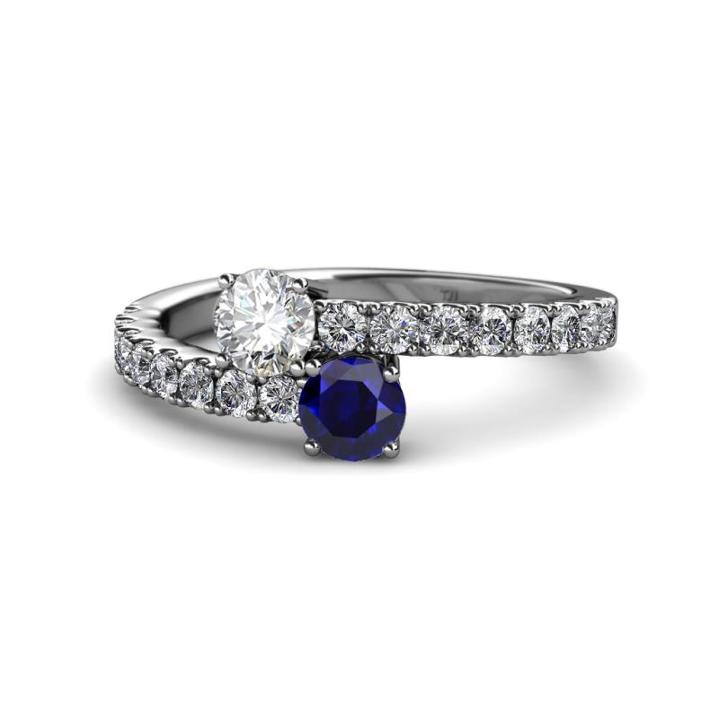Delise 5.00mm Round Diamond and Blue Sapphire with Side Diamonds Bypass Ring 