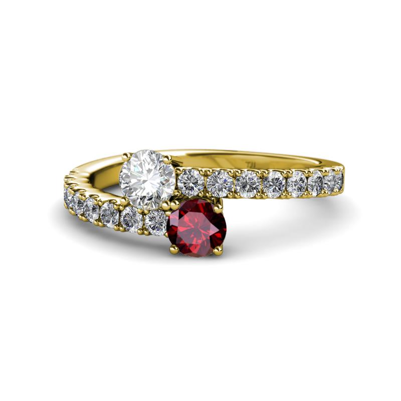 Delise 5.00mm Round Diamond and Ruby with Side Diamonds Bypass Ring 