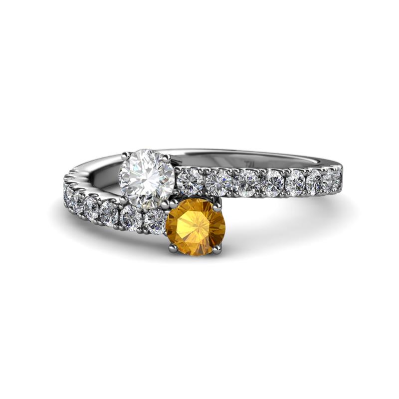 Delise 5.00mm Round Diamond and Citrine with Side Diamonds Bypass Ring 