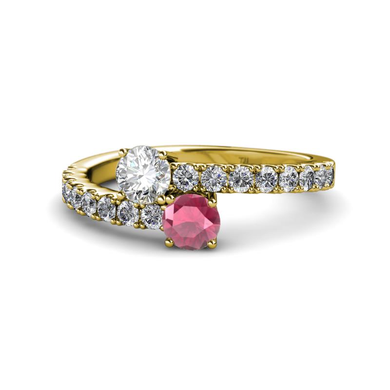 Delise 5.00mm Round Diamond and Rhodolite Garnet with Side Diamonds Bypass Ring 