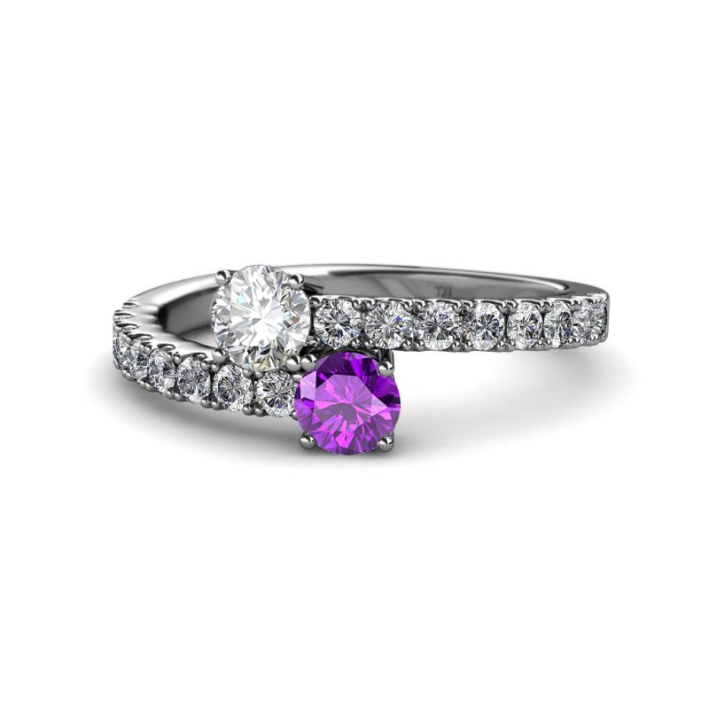 Delise 5.00mm Round Diamond and Amethyst with Side Diamonds Bypass Ring 