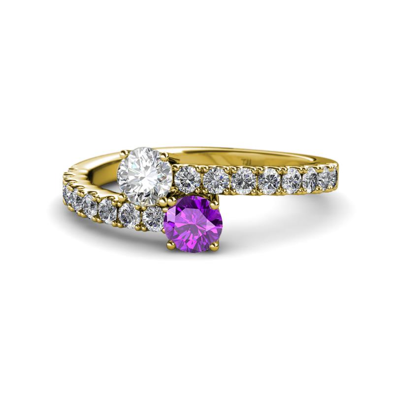 Delise 5.00mm Round Diamond and Amethyst with Side Diamonds Bypass Ring 