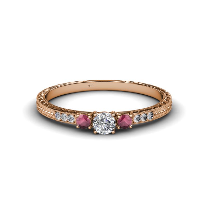 Tresu Diamond and Rhodolite Garnet Three Stone Engagement Ring 