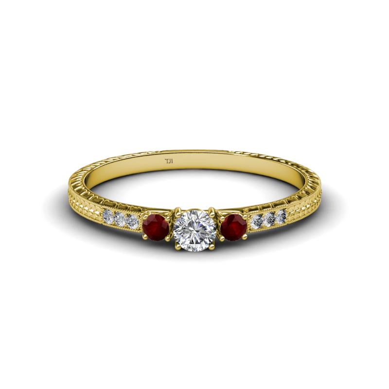 Tresu Diamond and Red Garnet Three Stone Engagement Ring 