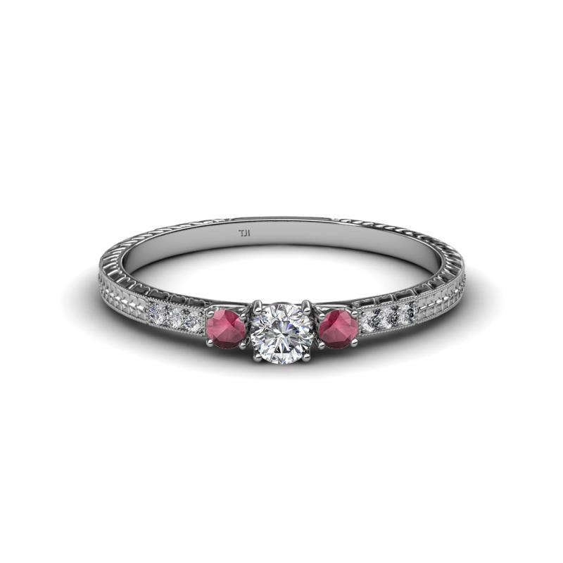 Tresu Diamond and Rhodolite Garnet Three Stone Engagement Ring 
