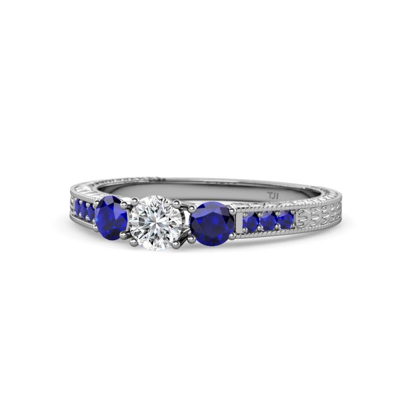 Ayaka Diamond and Blue Sapphire Three Stone with Side Blue Sapphire Ring 