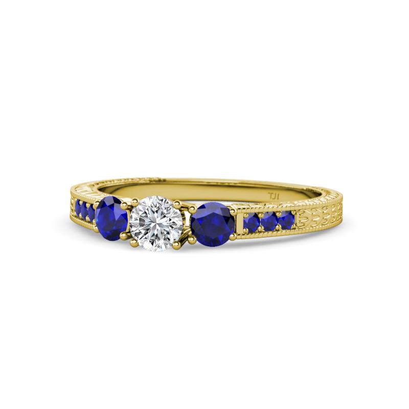 Ayaka Diamond and Blue Sapphire Three Stone with Side Blue Sapphire Ring 