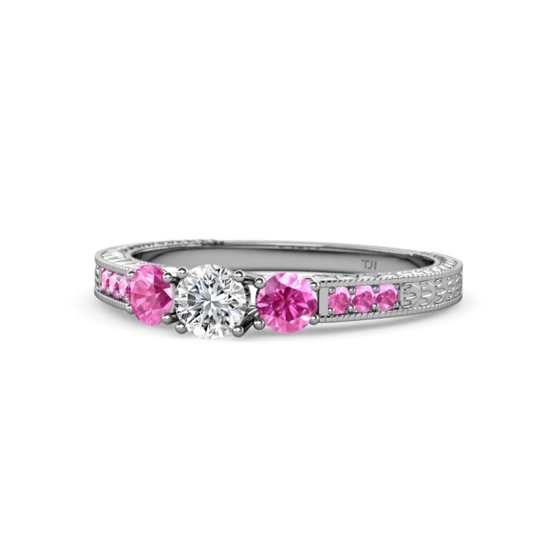 Ayaka Diamond and Pink Sapphire Three Stone with Side Pink Sapphire Ring 