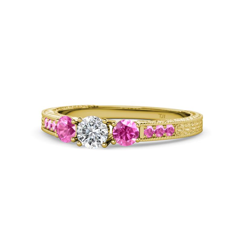 Ayaka Diamond and Pink Sapphire Three Stone with Side Pink Sapphire Ring 