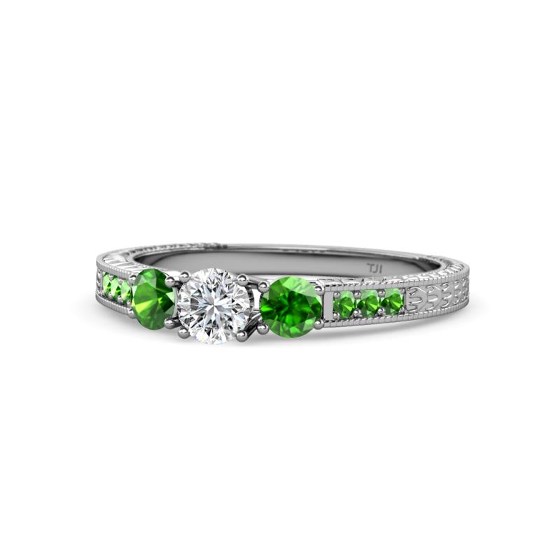 Ayaka Diamond and Green Garnet Three Stone with Side Green Garnet Ring 