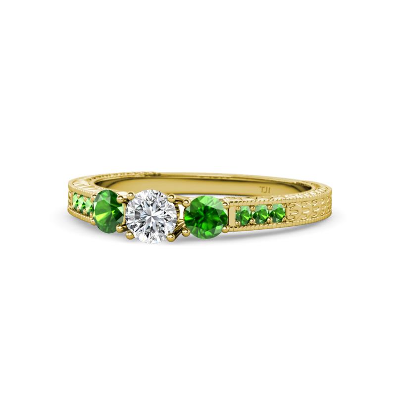 Ayaka Diamond and Green Garnet Three Stone with Side Green Garnet Ring 