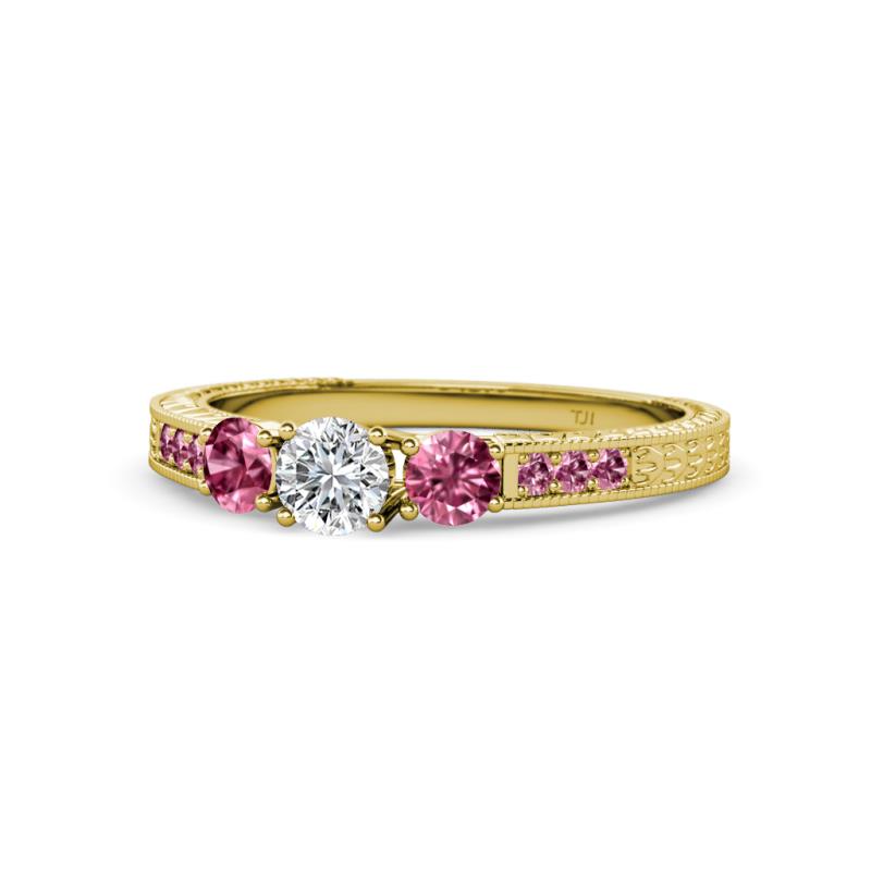 Ayaka Diamond and Pink Tourmaline Three Stone with Side Pink Tourmaline Ring 
