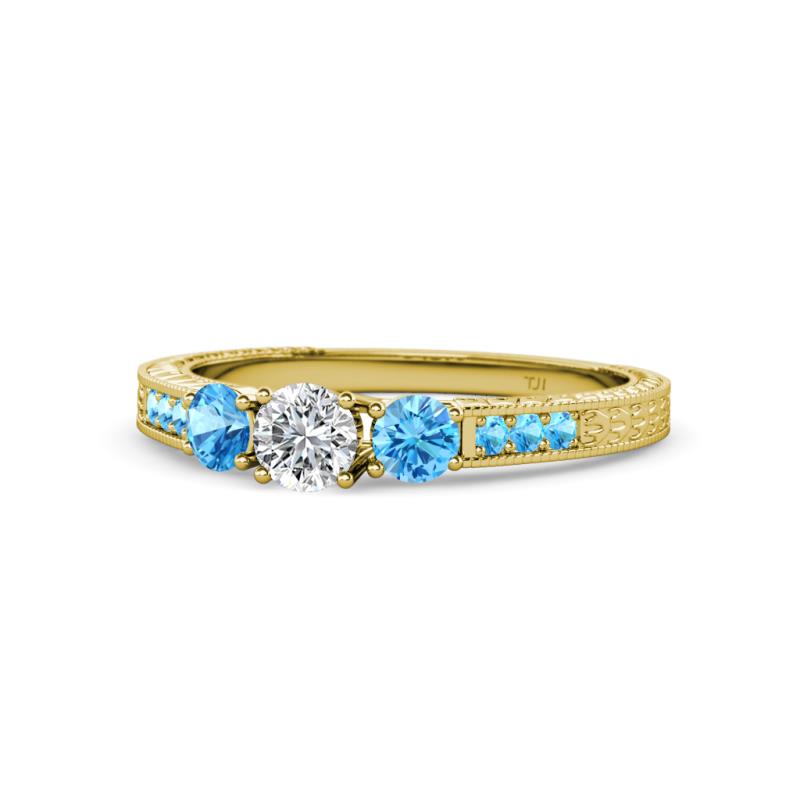 Ayaka Diamond and Blue Topaz Three Stone with Side Blue Topaz Ring 