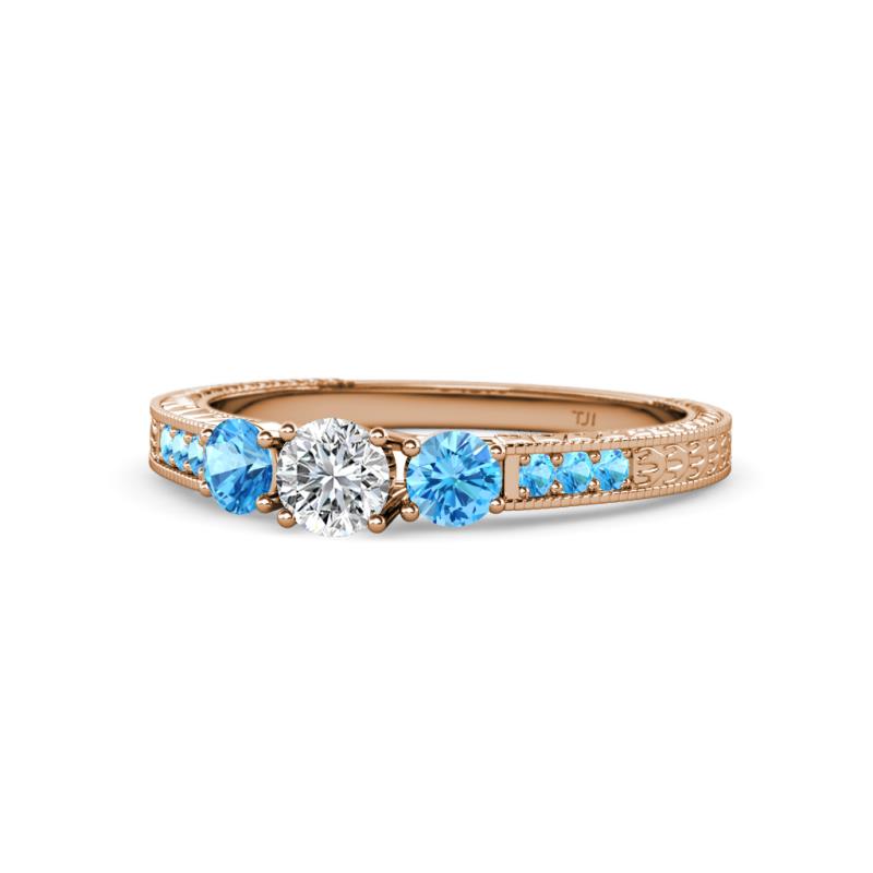 Ayaka Diamond and Blue Topaz Three Stone with Side Blue Topaz Ring 