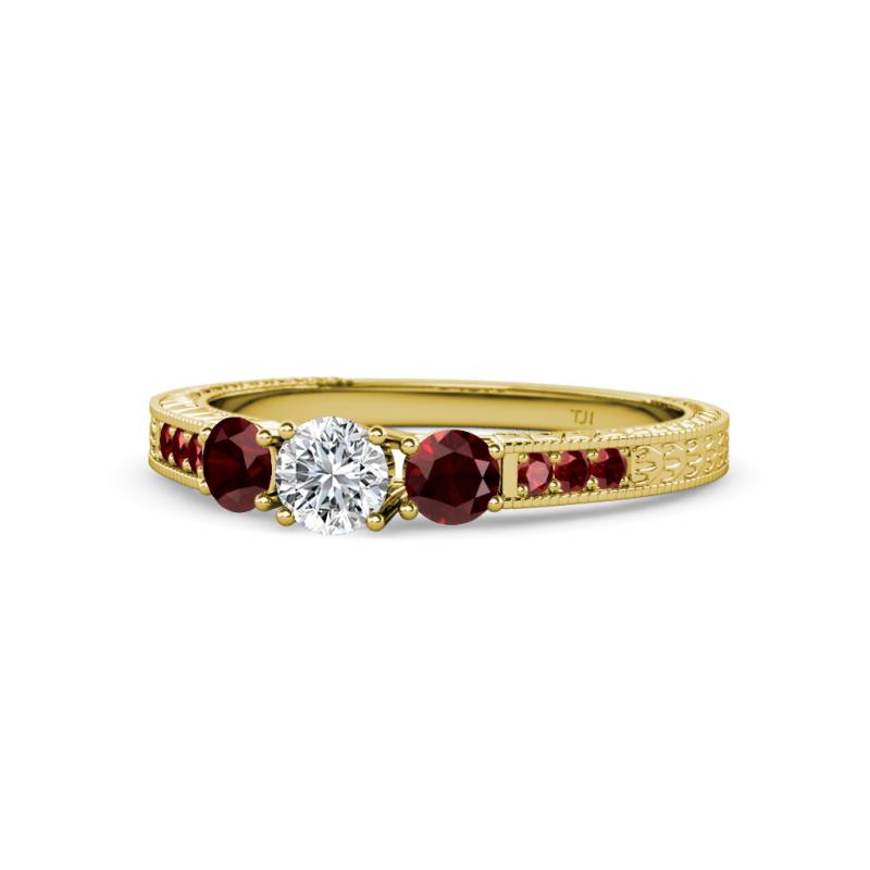 Ayaka Diamond and Red Garnet Three Stone with Side Red Garnet Ring 