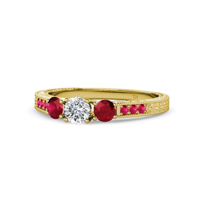 Ayaka Diamond and Ruby Three Stone with Side Ruby Ring 