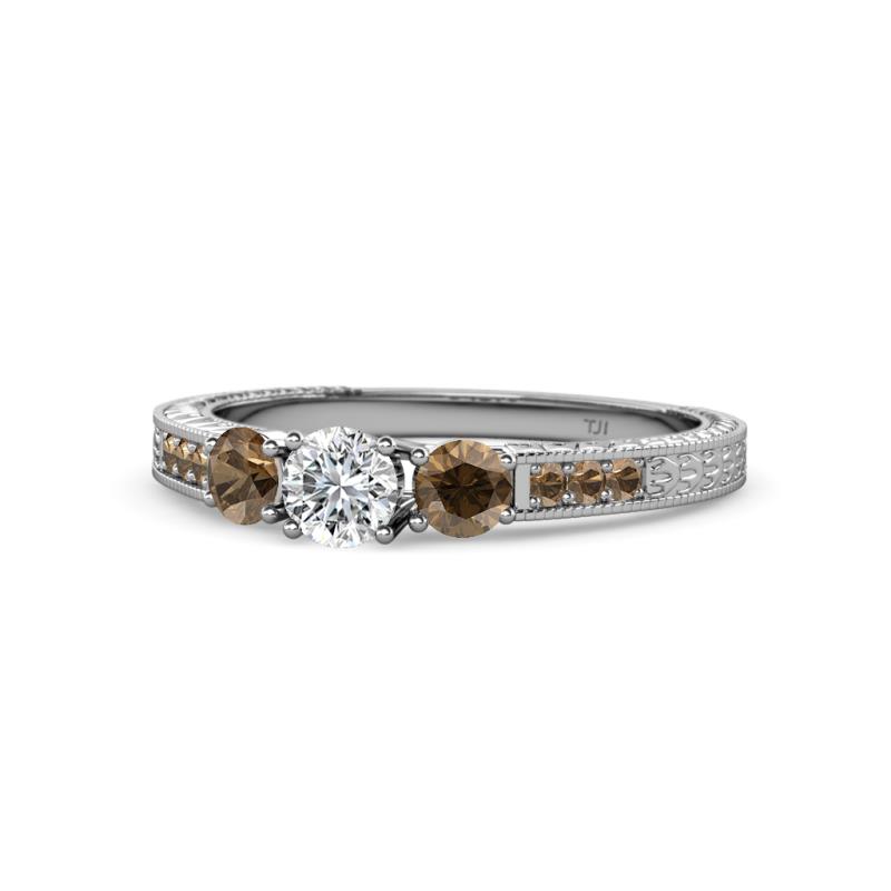 Ayaka Diamond and Smoky Quartz Three Stone with Side Smoky Quartz Ring 