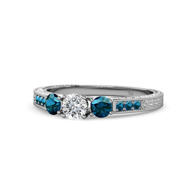 Ayaka Blue and White Diamond Three Stone with Side Blue Diamond Ring 