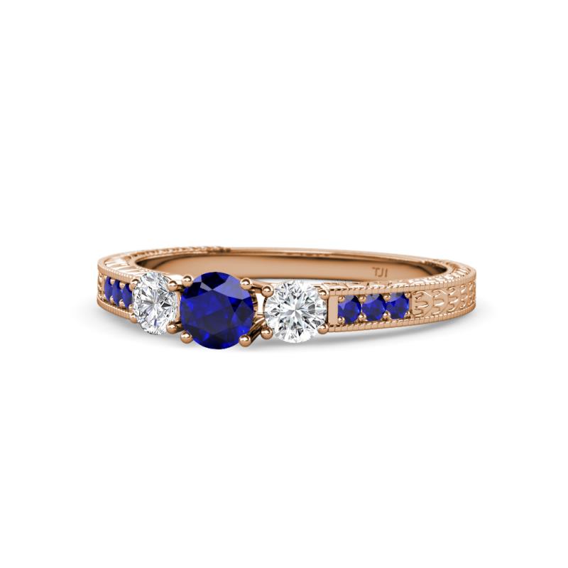 Ayaka Blue Sapphire and Diamond Three Stone with Side Blue Sapphire Ring 