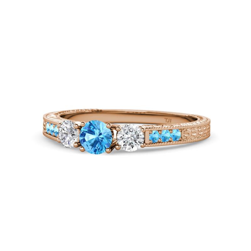 Ayaka Blue Topaz and Diamond Three Stone with Side Blue Topaz Ring 